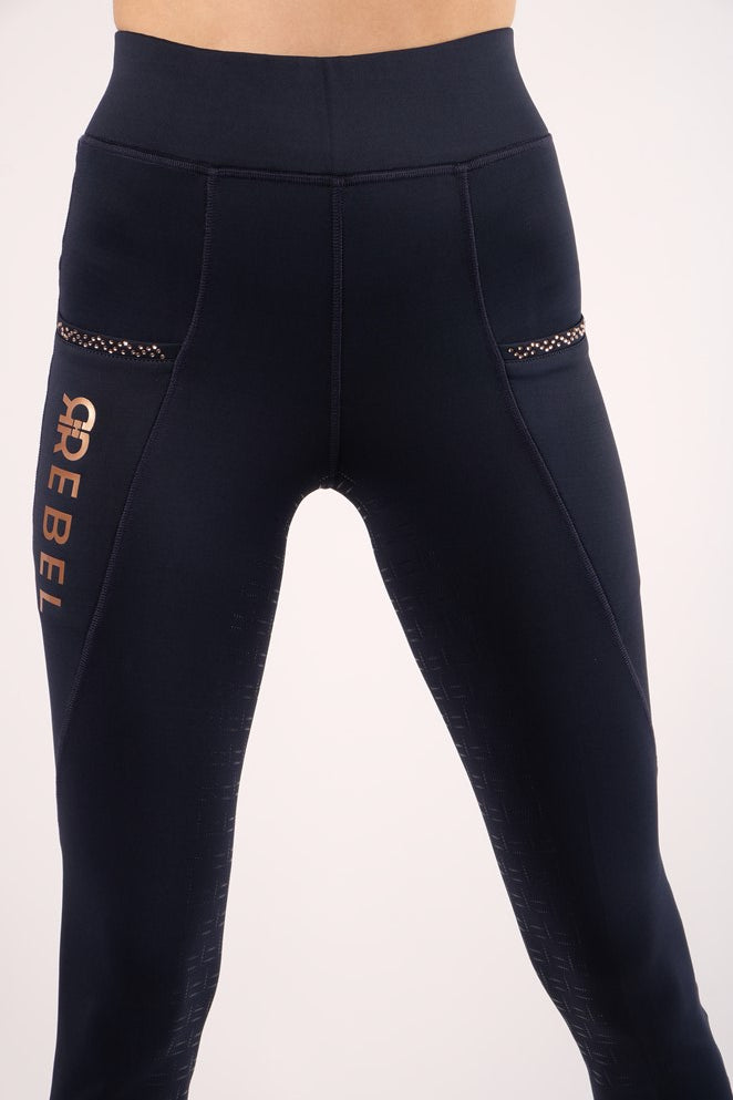 Pull-on ridetights med rosegold logo - navy, fuldgrip